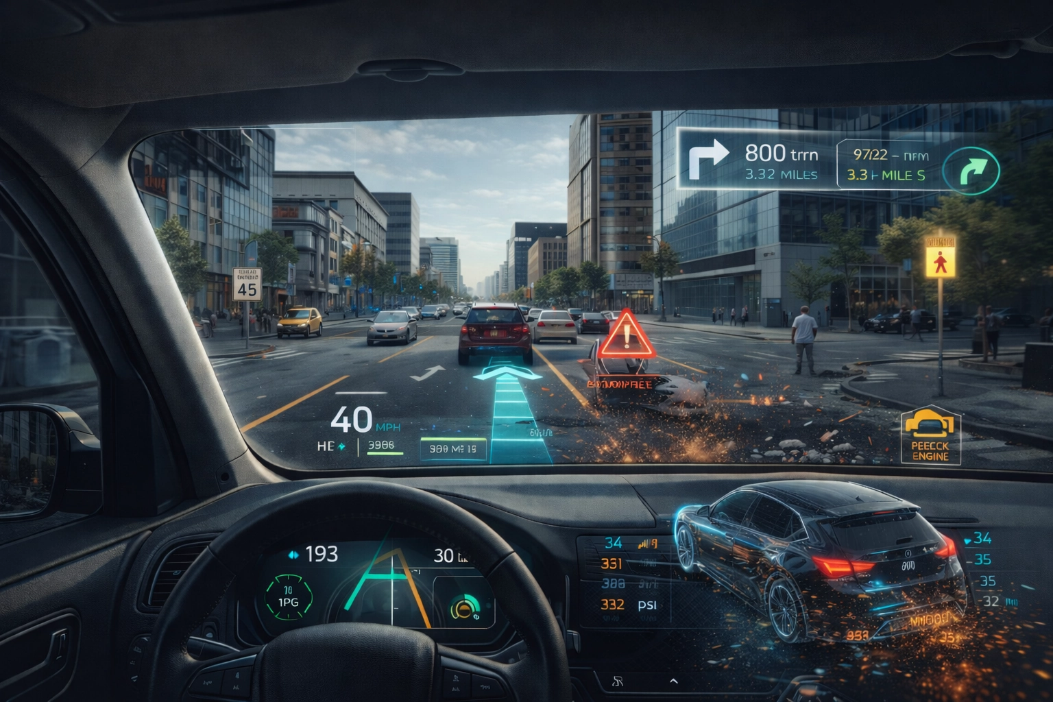 AR HUD overlaying navigation and diagnostics on vehicle windscreen